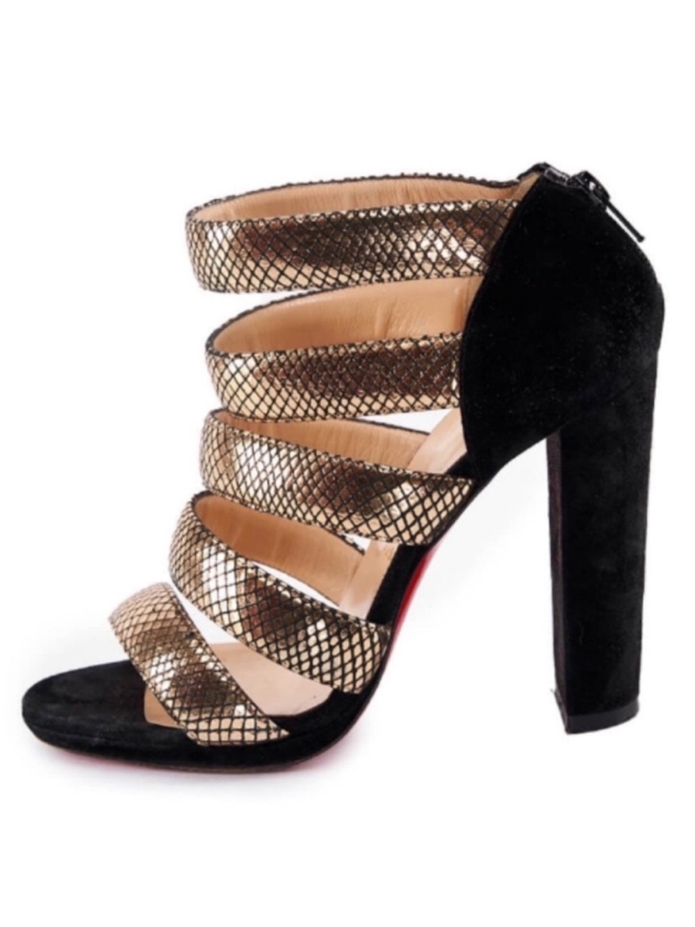 Christian Louboutin Black Suede & Metallic Gold Strappy High Heel Sandals